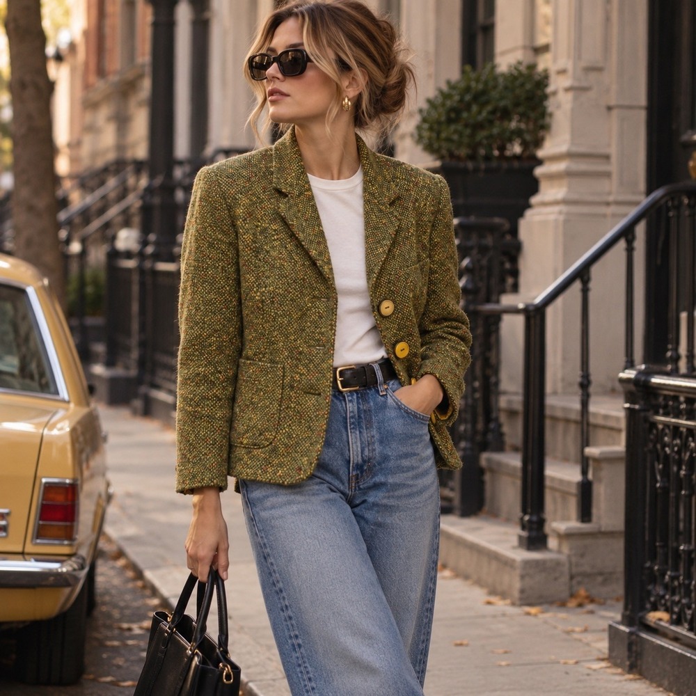 Douglas Marc Vintage Tweed Blazer Womens Size 10 Green Yellow Wool Jacket Retro
